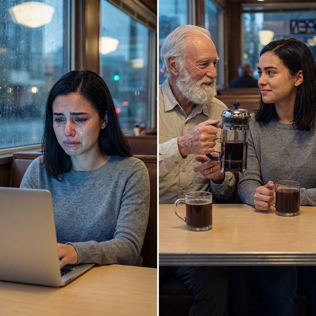 A stressed young female entrepreneur working on a laptop in a Seattle diner at midnight.