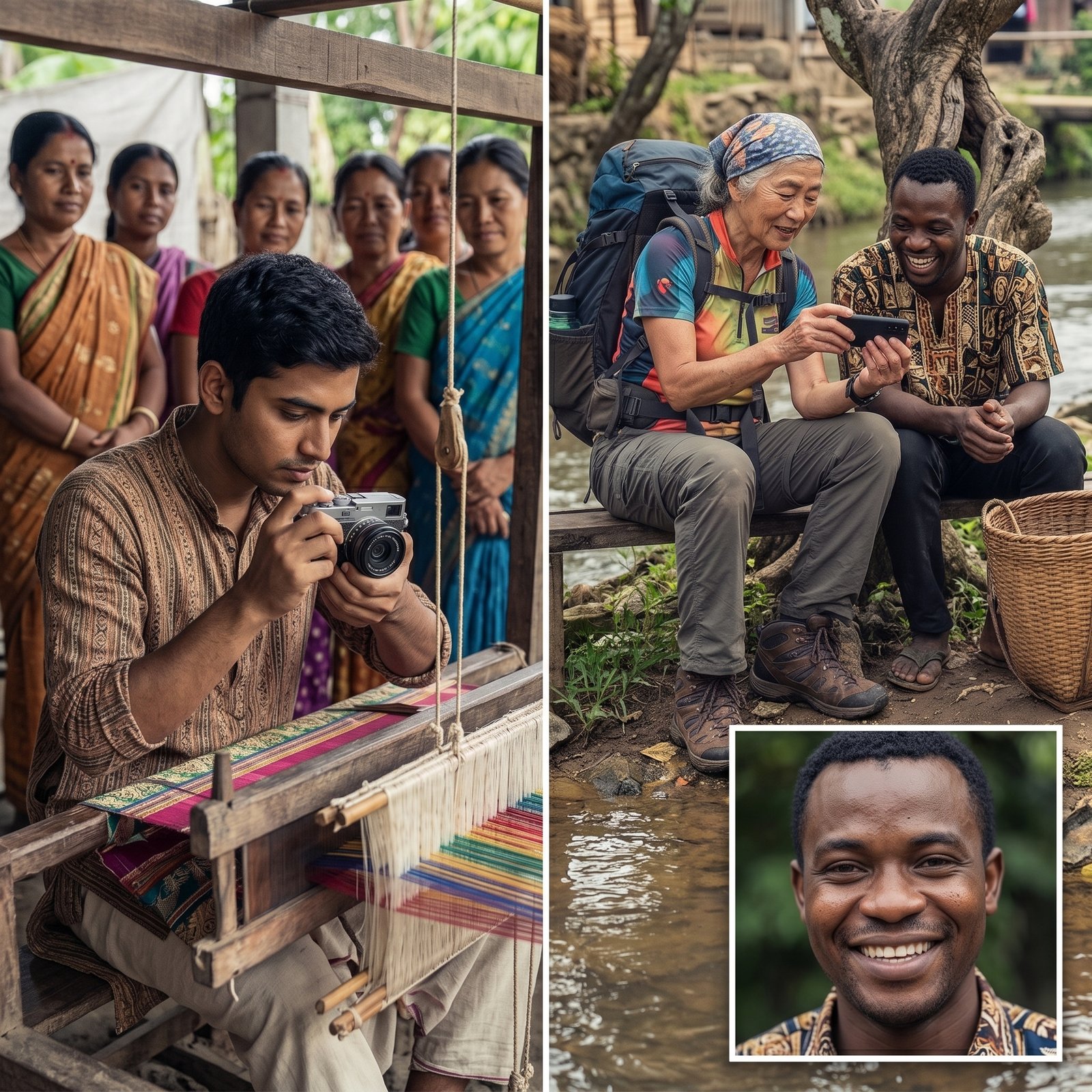 A traveler holding a camera, filming a rustic, rural landscape.